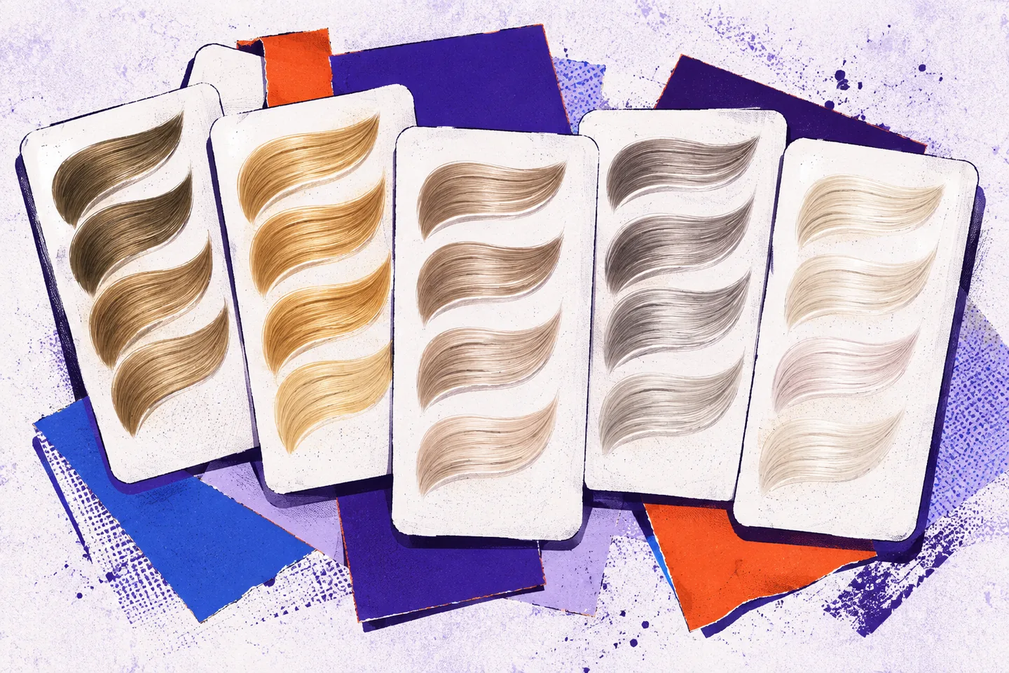 Illustrated dark sandy, honey, beige, ash and pearl blonde hair swatches on overlapping white cards with violet shadows and orange and blue paper accents.