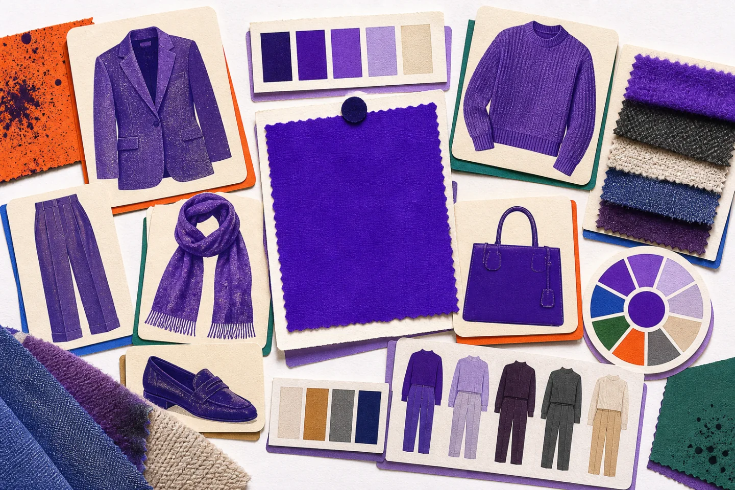 Abstract wardrobe color workbench with violet blazer, knitwear, trousers, scarf, loafers, handbag, fabric swatches, neutral chips, and a circular palette arranged on crooked paper cards.