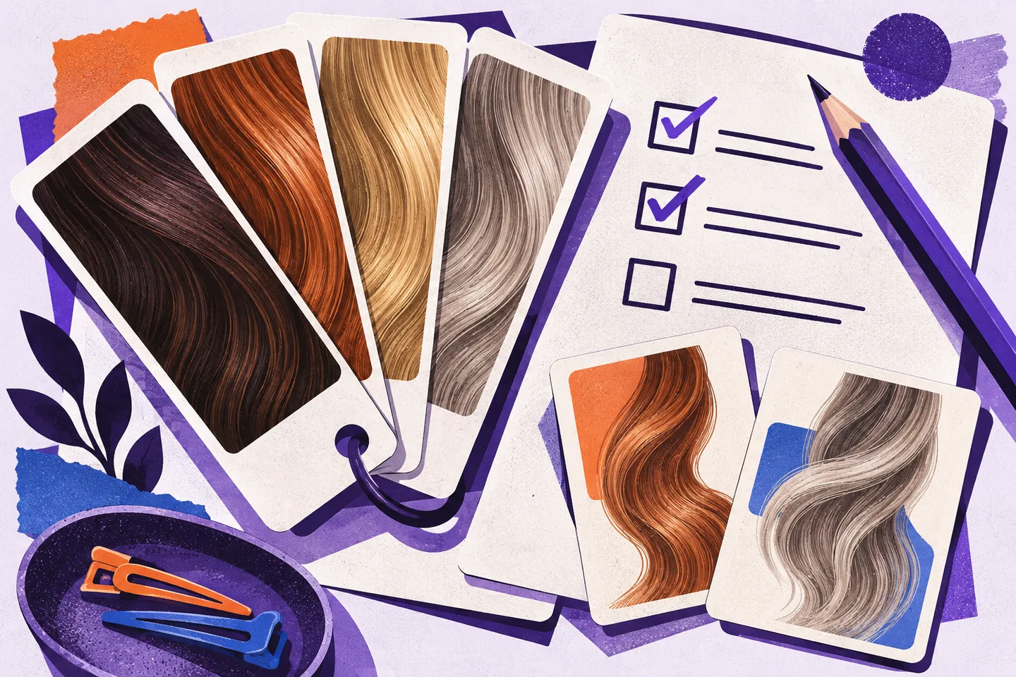 Illustrated brunette, copper, honey and ash hair-colour swatches beside a consultation checklist and violet pencil on layered paper sheets.