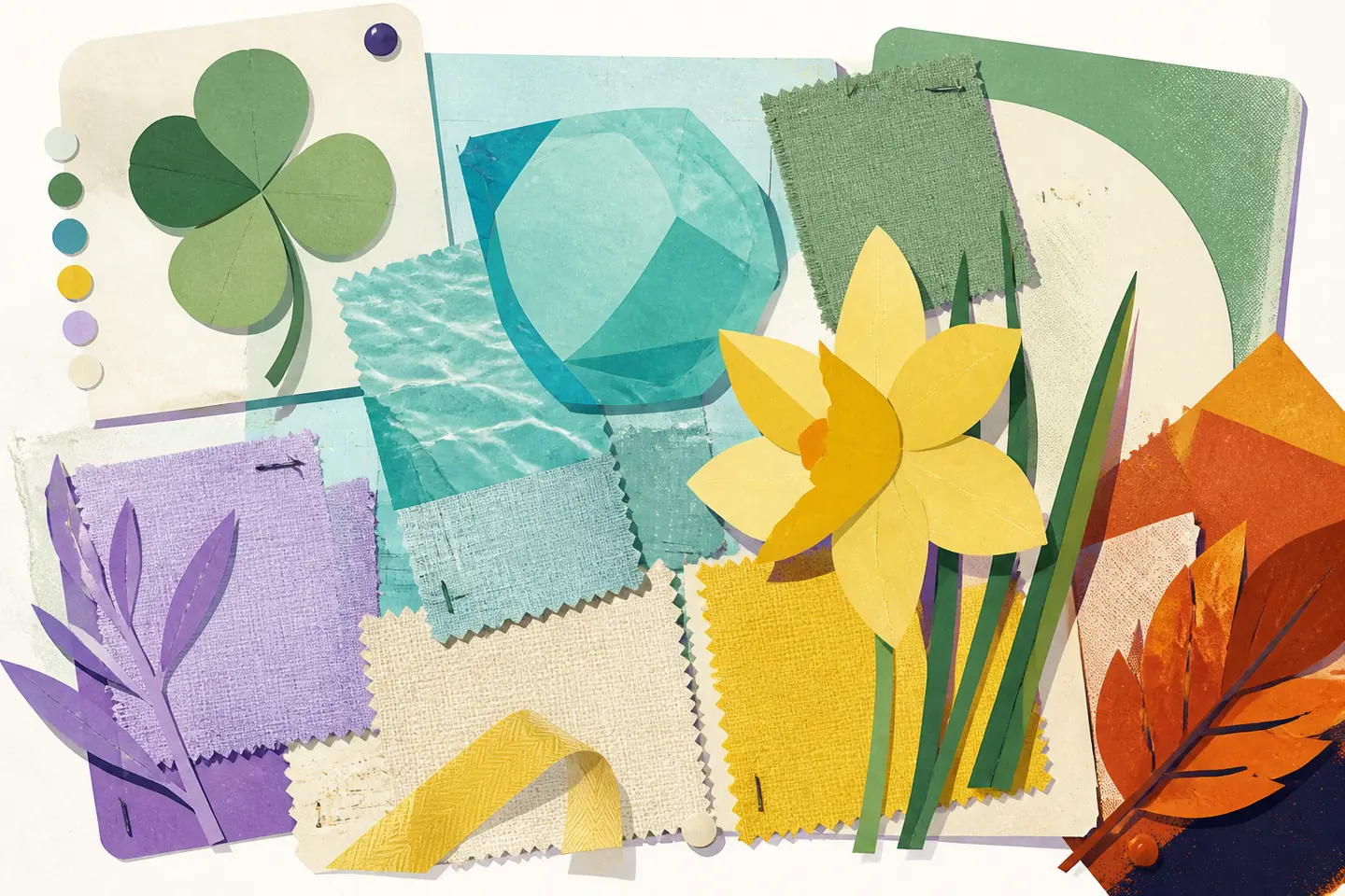 Editorial cut-paper workbench of sage and aquamarine swatches, a yellow daffodil, a green clover, lavender leaves, and a rust autumn accent.