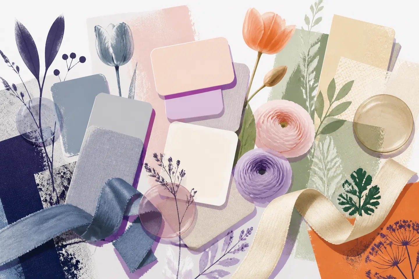 Editorial collage of dusty blue, blush, lavender, sage and ivory swatches layered with early-spring flowers, ribbons and botanical prints.