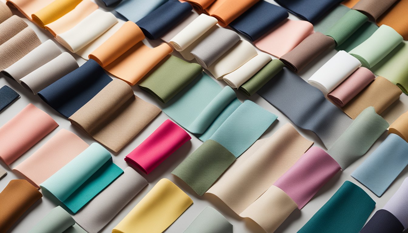 A table with various fabric swatches arranged by season: pastel colors for spring, bright hues for summer, earthy tones for fall, and cool shades for winter